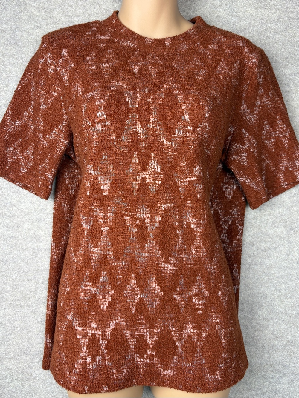 ROOLEE Rust Geometric Diamond Knit Short Sleeve Sweater Top XL